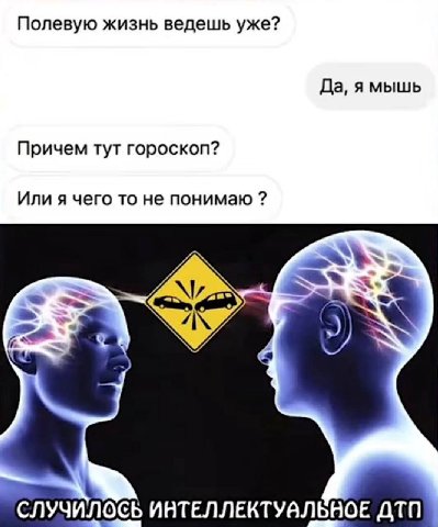 Полевую жизнь ведешь уже? Да, ямышь Причем тут гороскоп? Или я чего то не понимаю СЛУЧИЛОСЬ ИНТЕЛЛЕКТУВЛЬНОЕ ДТП