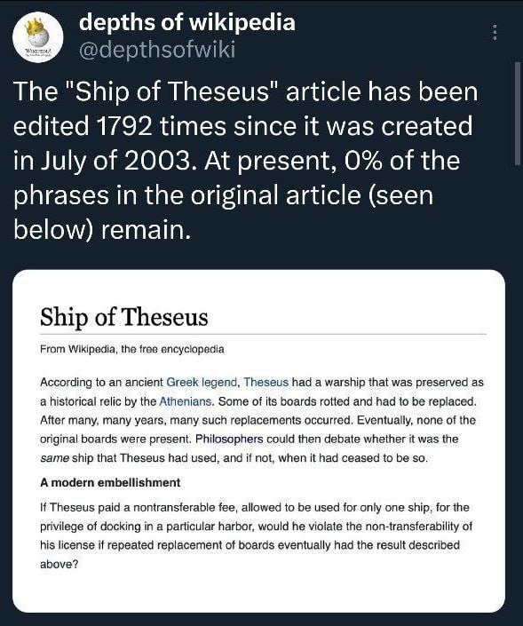 depths of wikipedia @depthsofwiki и The "Ship of Theseus" article has been edited 1792 times since it was created in July of 2003. At present, 0% of the phrases in the original article (seen below) re