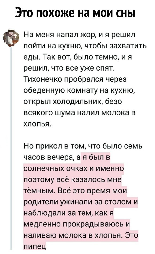 Это похоже на мои сны На меня напал жор, и я решил пойти на кухню, чтобы захватить еды. Так вот, было темно, и я решил, что все уже спят. Тихонечко пробрался через обеденную комнату на кухню, открыл х