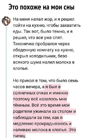 Это похоже на мои сны На меня напал жор, и я решил пойти на кухню, чтобы захватить еды. Так вот, было темно, и я решил, что все уже спят. Тихонечко пробрался через обеденную комнату на кухню, открыл х