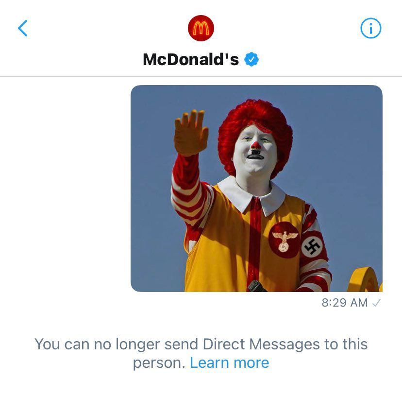 McDonald's 8:29 You can no longer send Direct Messages to this person. Learn more
