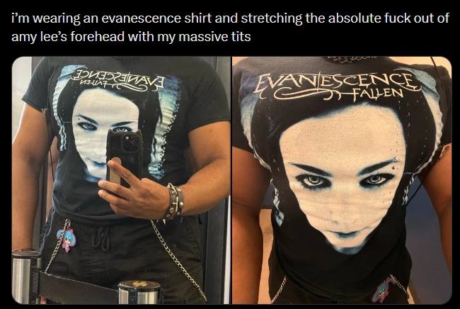 wearing an evanescence shirt and stretching the absolute fuck out of amy lee’s forehead with my massive tits я у