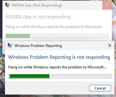 NVIDIA App (Not Responding) mang or indo reports the problem 4 Windows Problem Reporting Windows Problem Reporting is not responding Hang on while Windows reports the problem to Microsoft