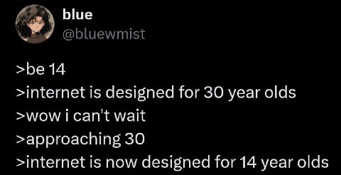 blue <3 @bluewmist >be 14 >internet is designed for 30 year olds >wow can't wait >approaching 30 >internet is now designed for 14 year olds