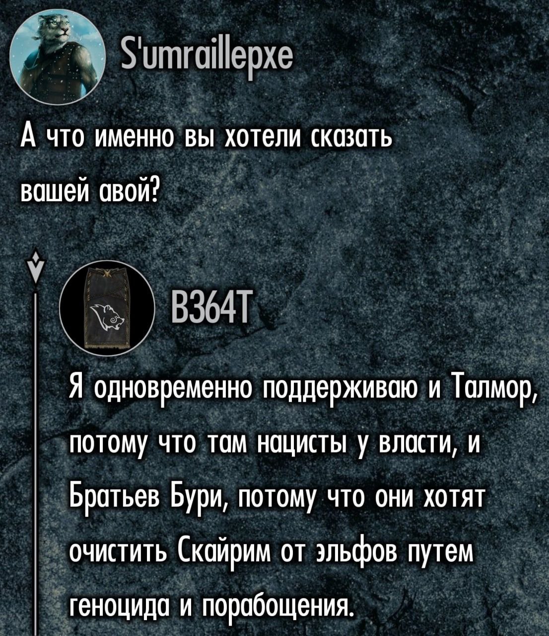 А что именно вы хотели сказать вашей У Я одновременно поддерживаю и Талмор, потому что там нацисты у власти, и Братьев Бури, потому что они хотят очистить Скайрим от эльфов путем геноцида и порабощени