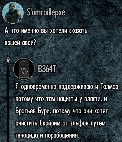 А что именно вы хотели сказать вашей У Я одновременно поддерживаю и Талмор, потому что там нацисты у власти, и Братьев Бури, потому что они хотят очистить Скайрим от эльфов путем геноцида и порабощени