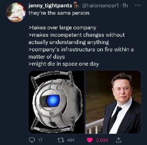 they're the same person >takes over large company >makes incompetent changes without actually understanding anything >company's infrastructure on fire within a matter of days >might die in space one d