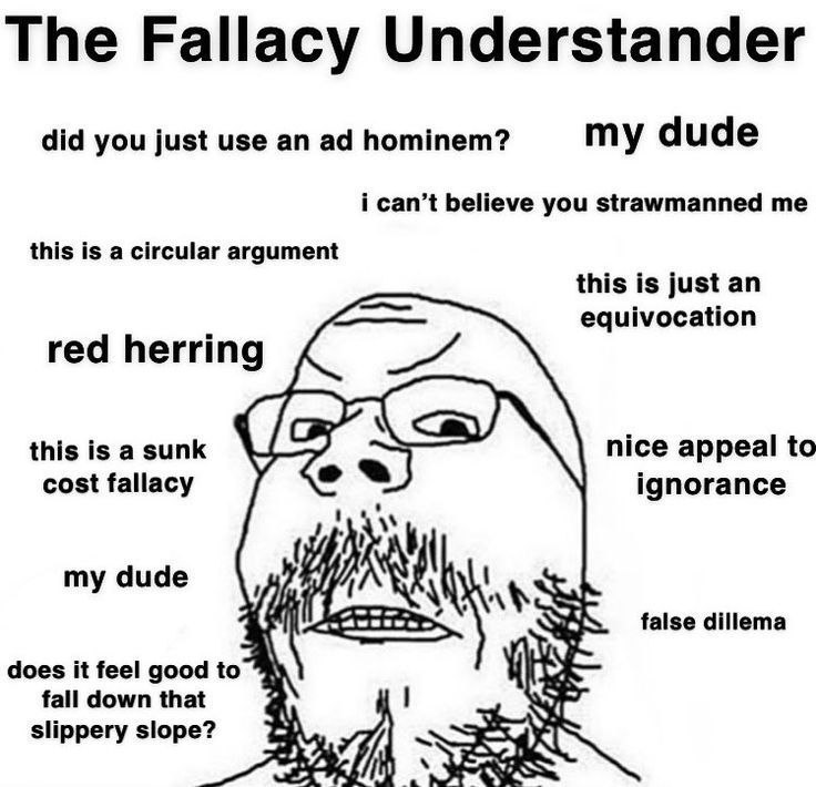 The Fallacy Understander did you just use an hominem? my dude i can’t believe you strawmanned me this is a circular argument this is just an equivocation red herring this is a sunk nice appeal to о co
