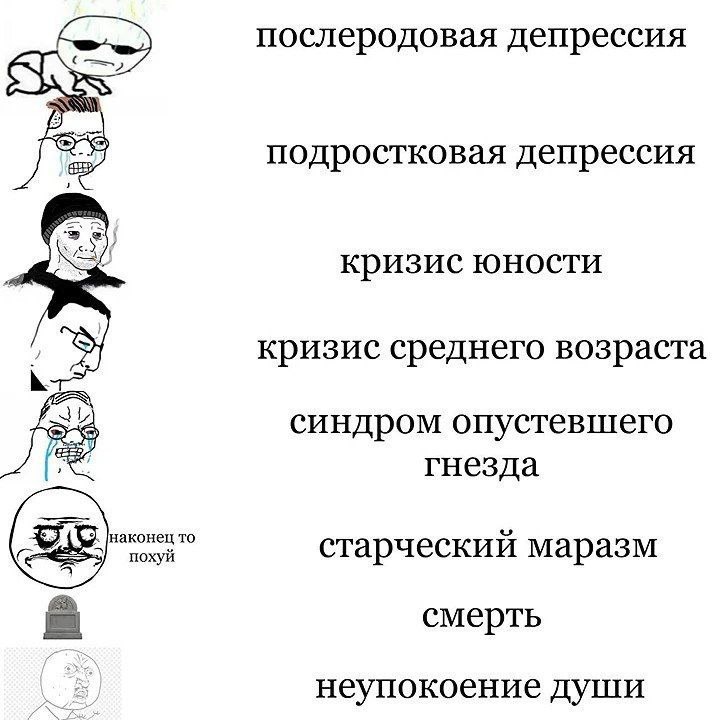 послеродовая депрессия подростковая депрессия кризис юности кризис среднего возраста синдром опустевшего гнезда наконец TO похуй старческий маразм смерть неупокоение души