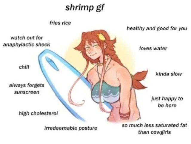 shrimp fries rice heaithy and good for you watch out for anaphylactic shock loves water chill kinda slow always forgets sunscreen just happy to be here high cholesterol so much less saturated fat irre