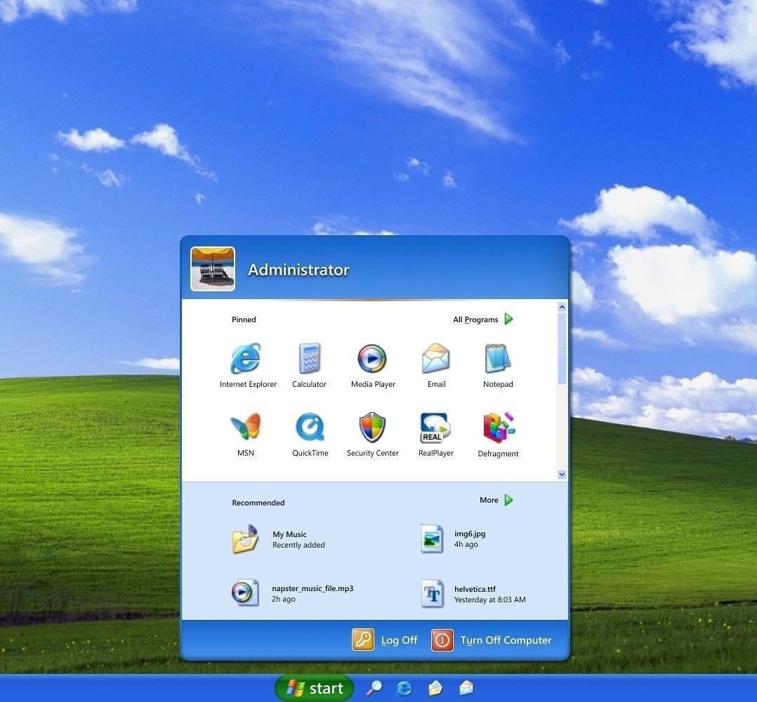 Administrator 4 Pinned Email Internet Explorer Media Player Notepad MSN QuickTime Security Center RealPlayer Defragment Recommended More My Music Recently added filemp3 ago я Yesterday at &03 Log Off 