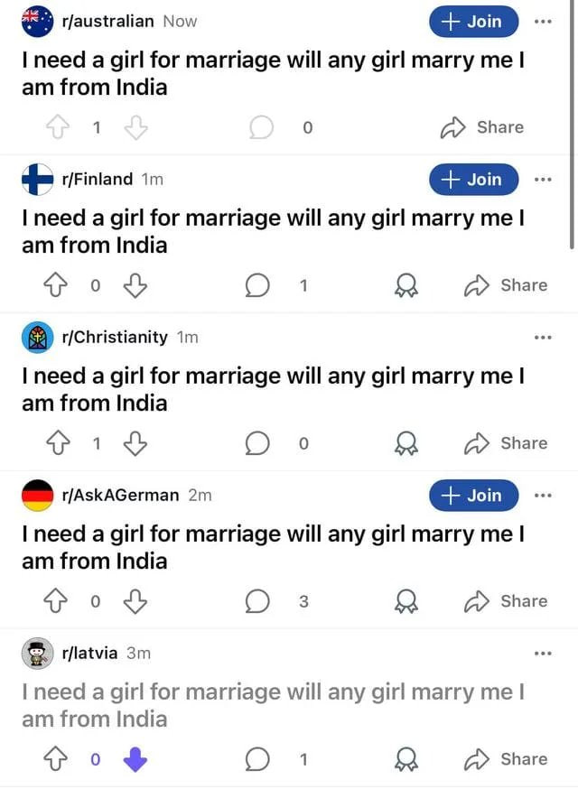 r/australian Now need a girl for marriage will any girl marry me from India 1 0 a Share r/Finland need a girl for marriage will any girl marry from India 4} 0 1 a Share a r/Christianity need а girl fo