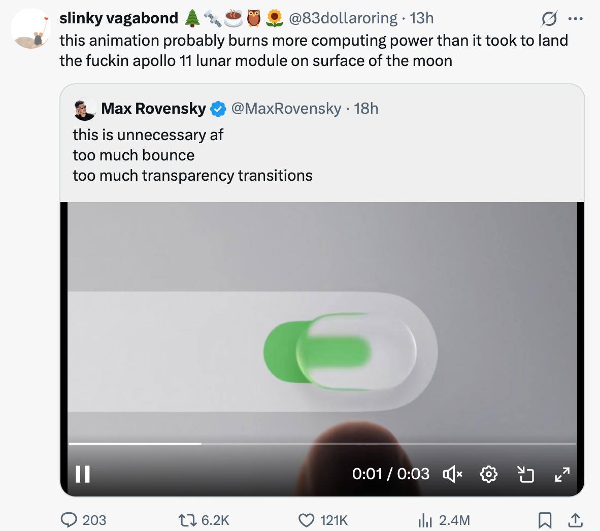 slinky vagabond A 6) @83dollaroring this animation probably burns more computing power than it took to land the fuckin apollo 11 lunar module on surface of the moon Max Rovensky @MaxRovensky this is u