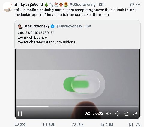 slinky vagabond A 6) @83dollaroring this animation probably burns more computing power than it took to land the fuckin apollo 11 lunar module on surface of the moon Max Rovensky @MaxRovensky this is u