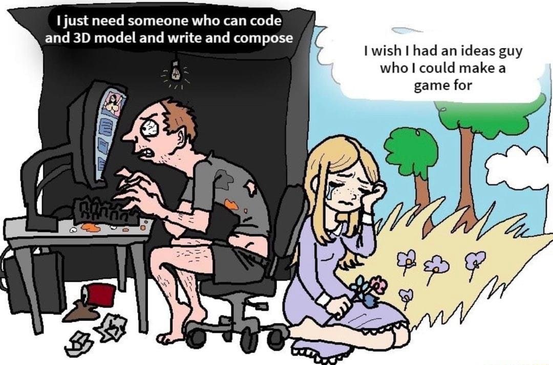 just need someone who can code and model and write and compose wis an ideas guy А: who! could makea game for 4 А A i 1 We