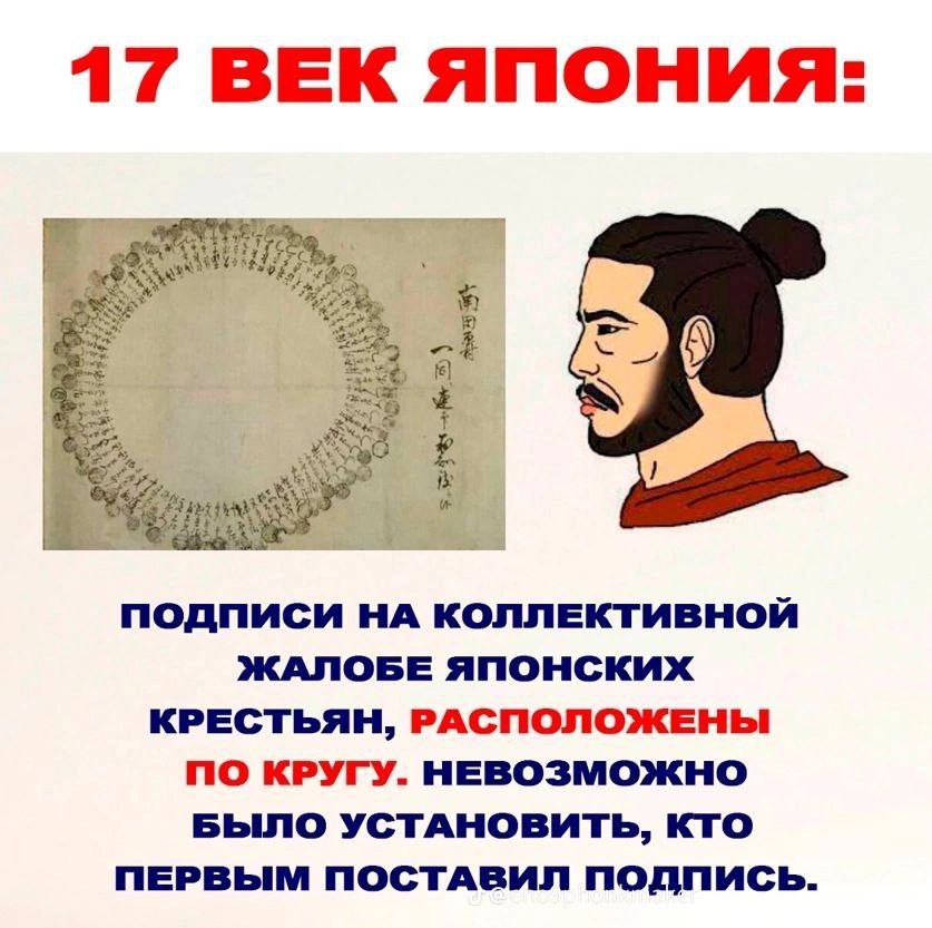 17 ВЕК ЯПОНИЯ: had ПОДПИСИ НА КОЛЛЕКТИВНОЙ ЖАЛОБЕ ЯПОНСКИХ КРЕСТЬЯН, РАСПОЛОЖЕНЫ ПО КРУГУ. НЕВОЗМОЖНО БЫЛО УСТАНОВИТЬ, КТО ПЕРВЫМ ПОСТАВИЛ ПОДПИСЬ.