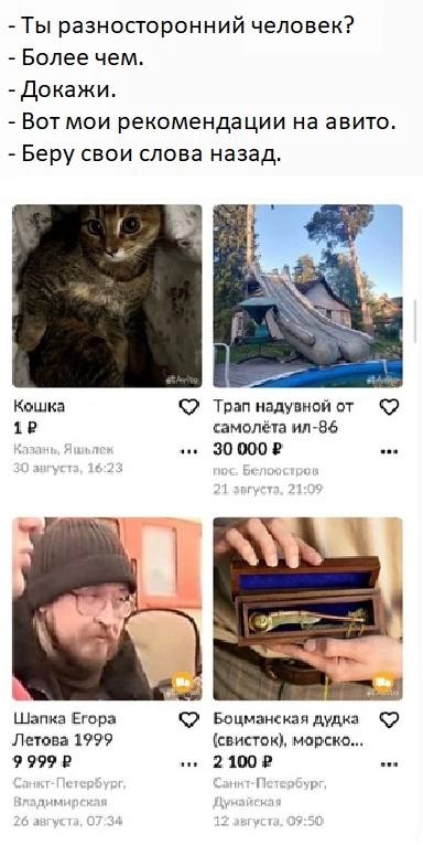 -Ты разносторонний человек? Более чем. Докажи. Вот мои рекомендации на авито. Беру свои слова назад. 7 а Кошка Трап надувной от Казан bit 30 000? 4 Шапка Егора Боцманская дудка Летова 1999 (свисток), 