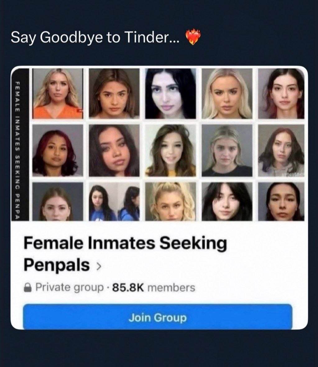 Say Goodbye to Ттаег... 5 pur 1 Female Inmates Seeking Penpals Private group 85.8К members Join Group