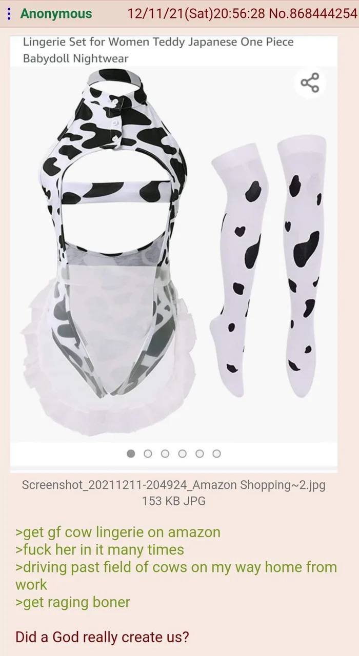 Anonymous No.868444254 Lingerie Set for Women Teddy Japanese One Piece Babydoll Screenshot_20211211-204924 Amazon Shopping~2.jpg 153 JPG >get cow lingerie on amazon >fuck her in it many times >driving