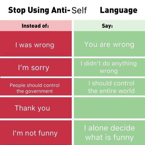 Stop Using Anti-Self Language Say: was wrong You are wrong sor didn’t anything Sorry wrong Poome should should control the government the entire world Thank you alone decide not funny what is funny