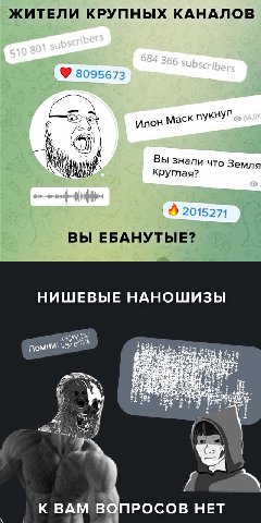 ЖИТЕЛИ КРУПНЫХ КАНАЛОВ Я 3095673 укнул илон Mack i Вы знали что Земля круглая? 0 2015271 ВЫ ЕБАНУТЫЕ? НИШЕВЫЕ НАНОШИЗЫ a помни: 2% ПРОСОВ НЕТ К ВАМ В в