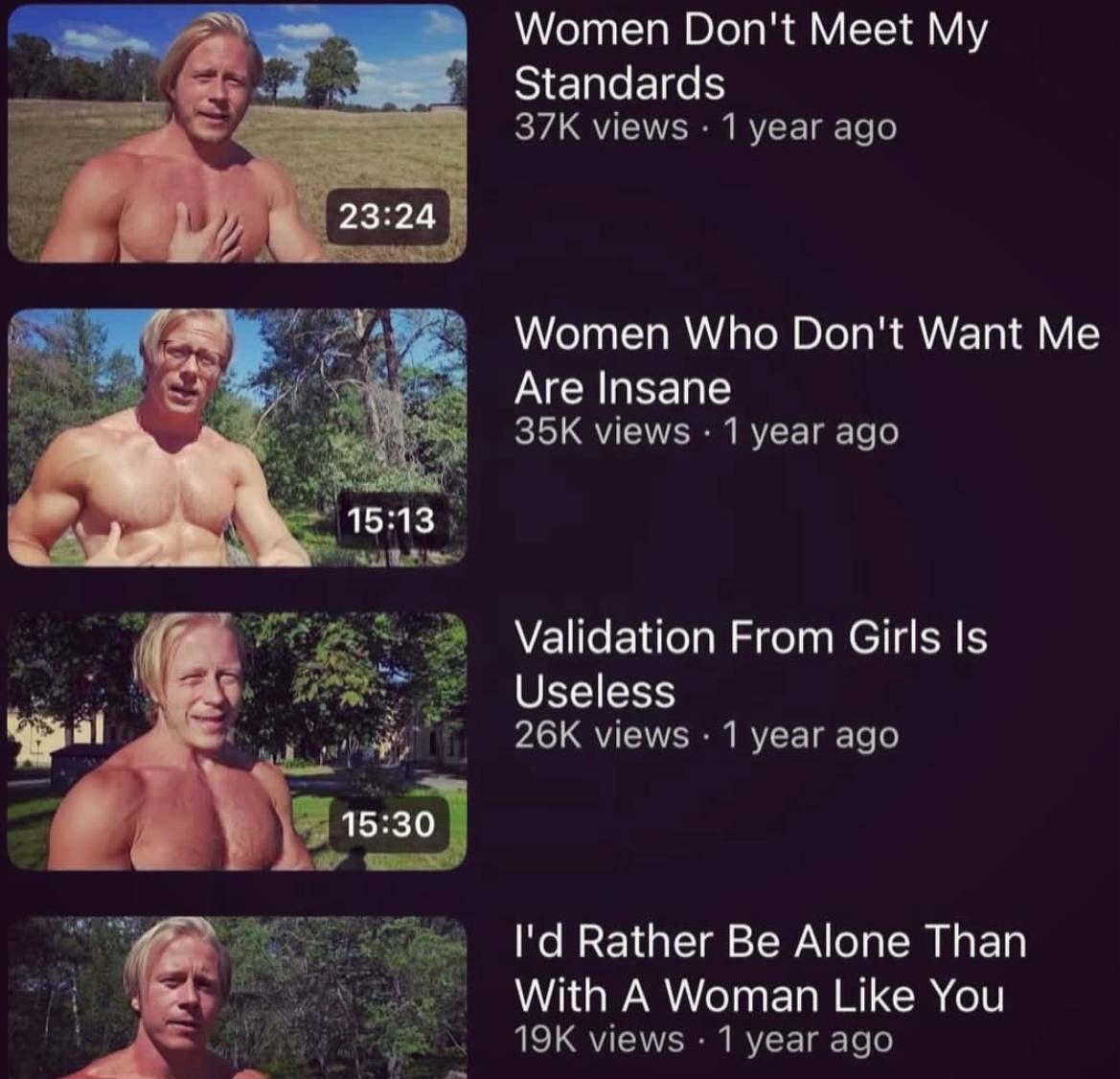 Women Don't Meet Standards views 1 year ago Women Who Don't Want Me Are Insane views 1 year ago 15:13 Validation From Girls Is Useless val views 1 year ago Rather Be Alone Than With A Woman Like You v