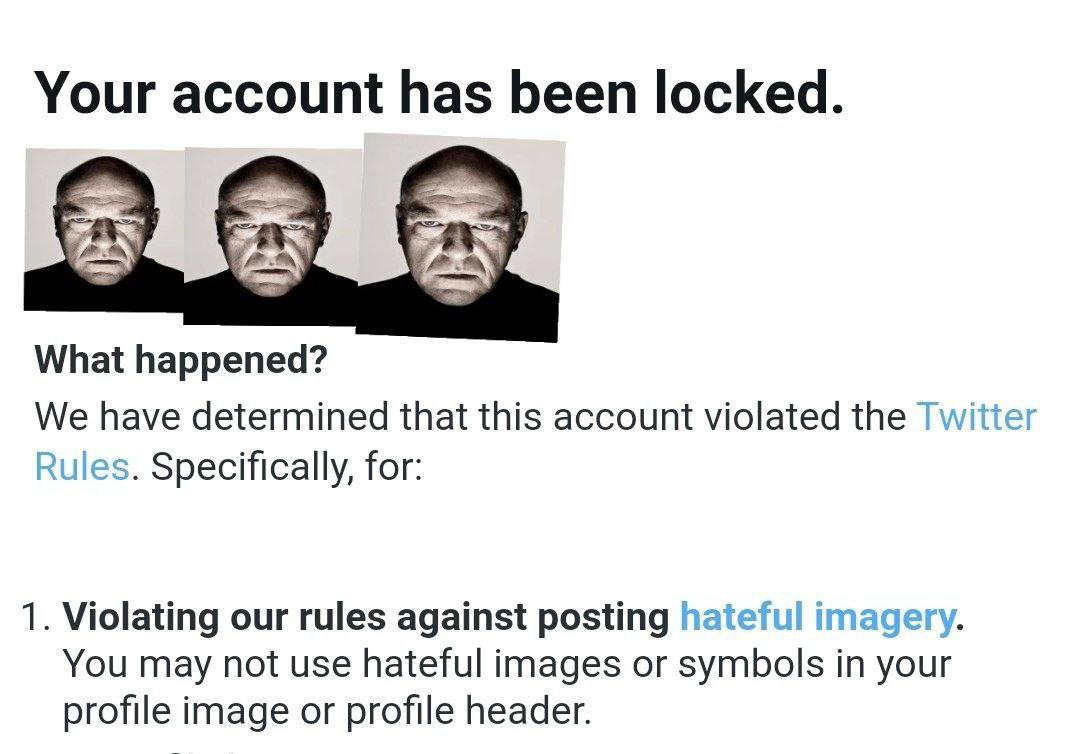 Your account has been locked What happened? have determined that this account violated the VITT Rule Specifically, for: 1. Violating our rules against posting You may not use hateful images or symbols