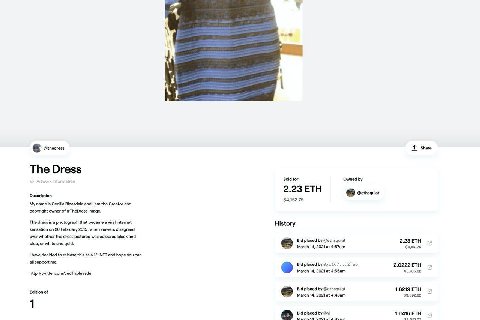 У @thedress Share information Sold for Owned 2.23 ETH Description 2 $4152.75 My name is Cecilia Bleasdale and the Creator and copyright owner of #TheDress image. The dress is a photograph that became 