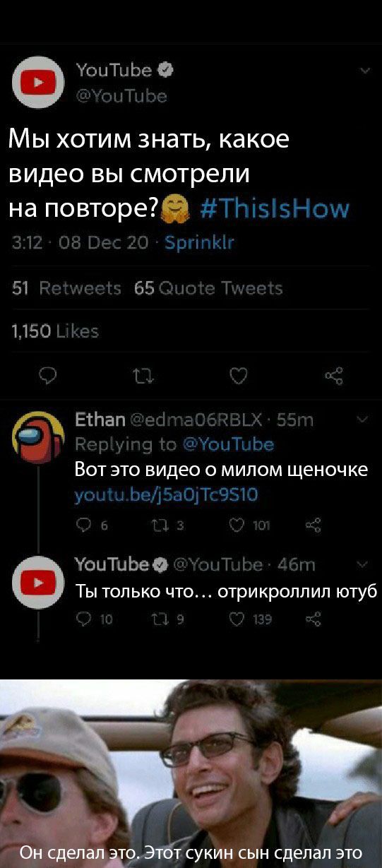 Мы хотим знать, какое видео вы смотрели на повторе? Вот это видео о милом щеночке Ты только что... отрикроллил ютуб Он сделал это. Этот сукин сын сделал это