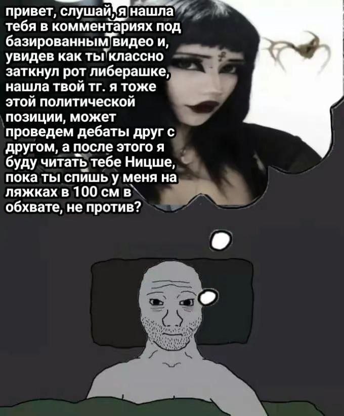 привет, я нашла тебя в комментариях под базированным видео и, увидев как ты классно заткнул рот либерашке нашла твои я тоже этои политическои позиции, может проведем дебаты другом, а после этого A буд