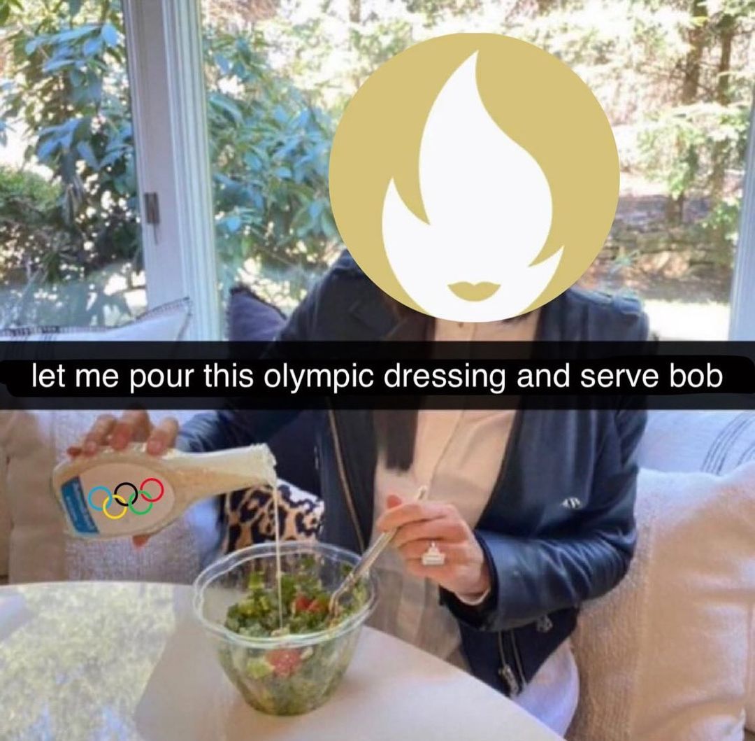 у a hey let me pour this olympic dressing and serve bob