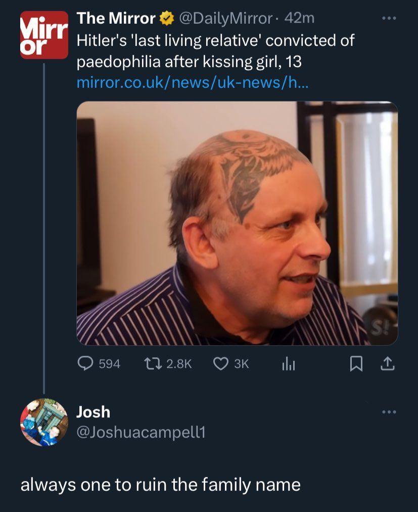 The Мигог Hitler's ‘last living convicted of paedophilia after kissing girl, 13 Josh a always one to гит the family name