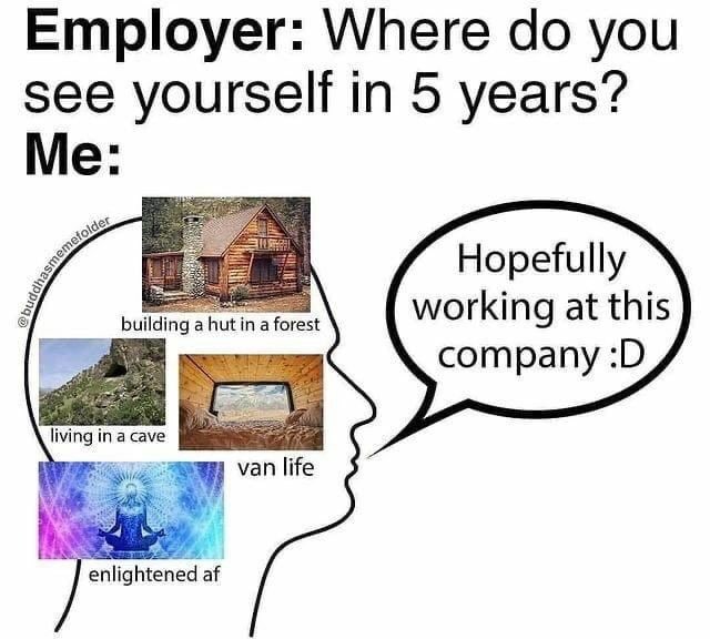 Employer: Where you see yourself in 5 years? Hopefully 5, building а hut in a forest working at this company living in a cave enlightened