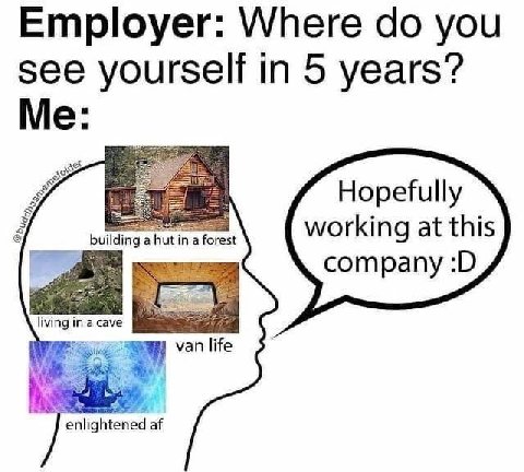Employer: Where you see yourself in 5 years? Hopefully 5, building а hut in a forest working at this company living in a cave enlightened