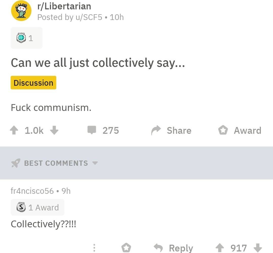 r/Libertarian Posted u/SCF5 Can we all just collectively say... Fuck communism. 4 275 Share Award BEST COMMENTS 1 Амага Collectively??!!! Reply 4% 917