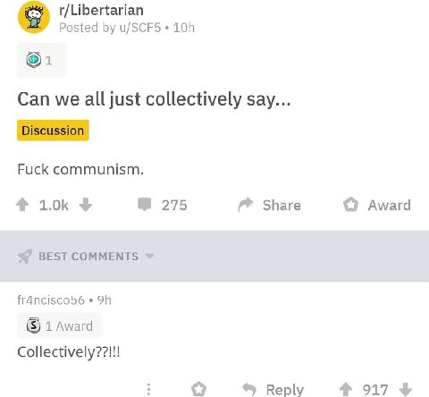 r/Libertarian Posted u/SCF5 Can we all just collectively say... Fuck communism. 4 275 Share Award BEST COMMENTS 1 Амага Collectively??!!! Reply 4% 917