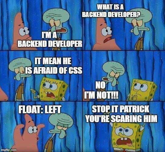 WHATISA BAGKEND DEVELOPER? BACKEND DEVELOPER IT MEAN HE OF CSS NO NOTH! FLOAT: LEFT STOP IT PATRICK YOU'RE SCARING HIM