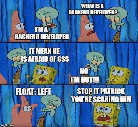 WHATISA BAGKEND DEVELOPER? BACKEND DEVELOPER IT MEAN HE OF CSS NO NOTH! FLOAT: LEFT STOP IT PATRICK YOU'RE SCARING HIM