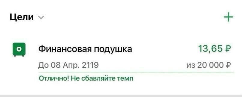 Цели Финансовая подушка 13,65 из 20 000 До 08 Апр. 2119 Отлично! Не сбавляйте темп