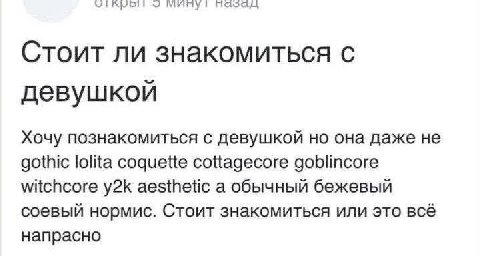 2 Стоит ли знакомиться с девушкой Хочу познакомиться с девушкой но она даже не gothic lolita содиейе cottagecore witchcore aesthetic а обычный бежевый соевый нормис. Стоит знакомиться или это всё напр