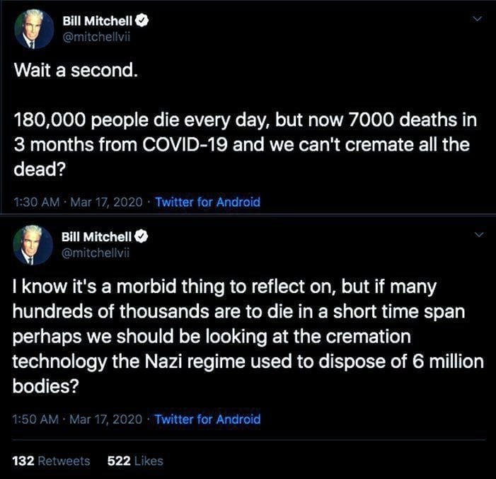 Bill Mitchell Wait a second. 180,000 people die every day, but now 7000 deaths in 3 months from COVID-19 and we can't cremate а! the dead? Bill Mitchell У Know it's а morbid thing to reflect on, but i