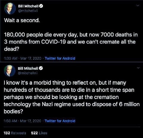 Bill Mitchell Wait a second. 180,000 people die every day, but now 7000 deaths in 3 months from COVID-19 and we can't cremate а! the dead? Bill Mitchell У Know it's а morbid thing to reflect on, but i
