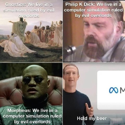 We live in a Gno Philip Dick: We live in a 0 У evil computer simulation ruled ANAS evil overlords Morpheus: We live computer simulation ruled Hold my beer evil overlords