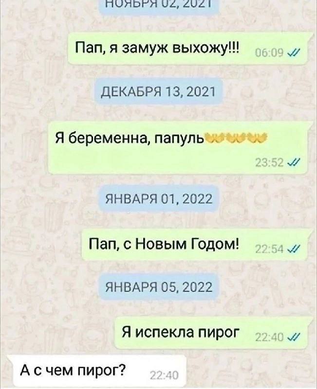 Пап, я замуж выхожу!!! ДЕКАБРЯ 13, 2021 Я беременна, папуль AHBAPA 01, 2022 Пап, с Новым Годом! ЯНВАРЯ 05, 2022 Я испекла пирог А счем пирог?