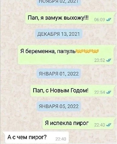 Пап, я замуж выхожу!!! ДЕКАБРЯ 13, 2021 Я беременна, папуль AHBAPA 01, 2022 Пап, с Новым Годом! ЯНВАРЯ 05, 2022 Я испекла пирог А счем пирог?
