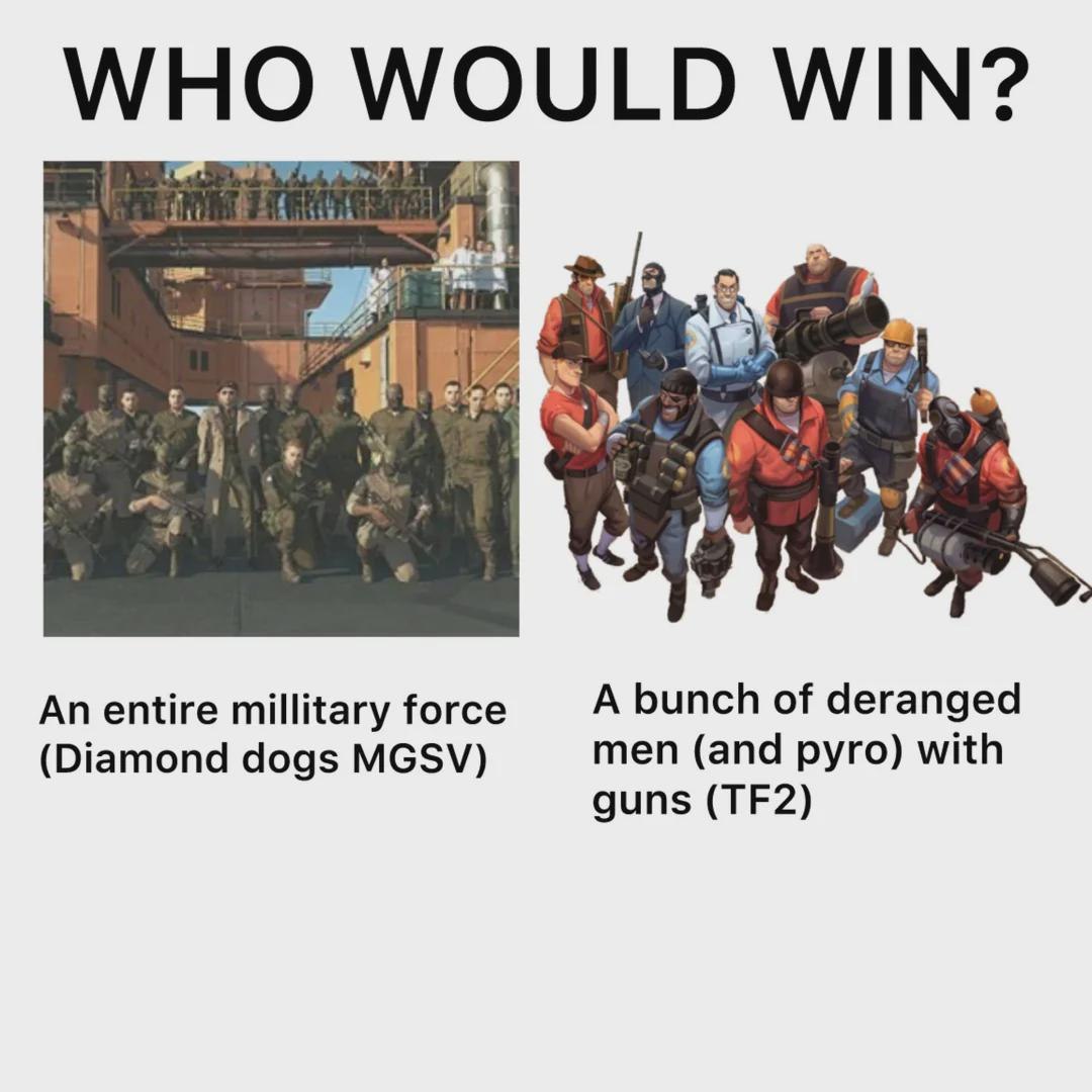 WIN? An entire millitary force A bunch of deranged (Diamond dogs MGSV) men (and pyro) with guns