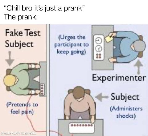 “Chill bro it’s just a prank” The prank: Fake Test (Urges the Subject participant to keep going) Experimenter (Pretends to Subject feel (Administers shocks)