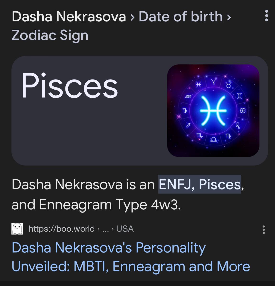 Dasha Nekrasova Date of birth Zodiac Sign У Pisces Dasha Nekrasova is ENFJ, Pisces, and Enneagram Туре https://boo.world USA Dasha Nekrasova's Personality Unveiled: MBTI, Enneagram and More