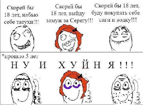 Скорей бы Скорей бы 18 лет, Скорей бы буду покупать себе 18 лет. набью 18 лет, выйду себе татухи!!! замуж за Серегу!!! сиги и водку!!! *прошло 5 лет И ХУЙНЯ!!!