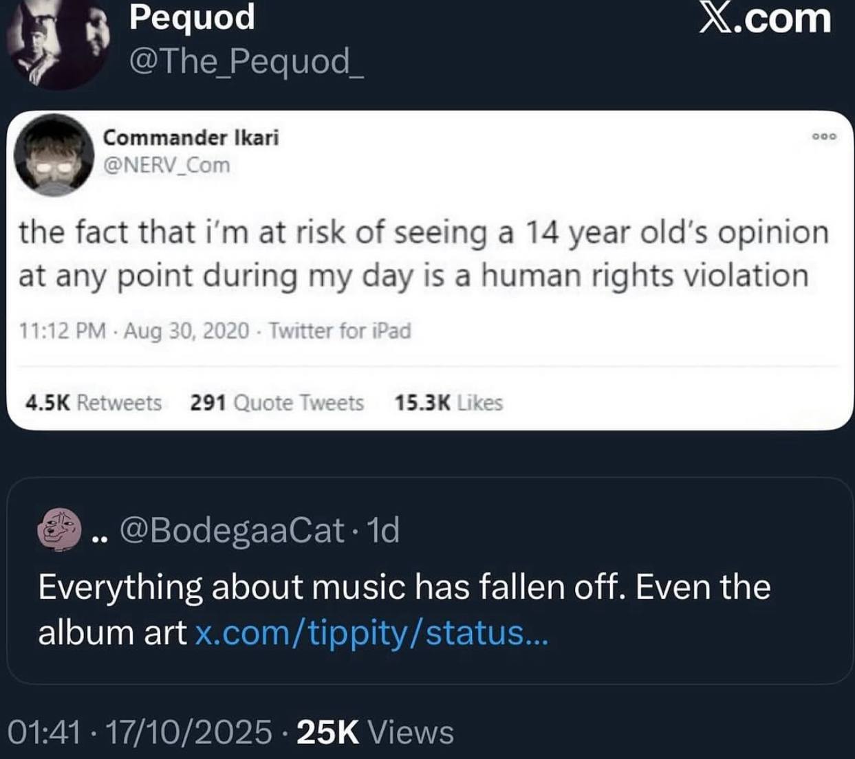 Pequod X.com @The Pequod Commander Ikari the fact that at risk of seeing а 14 year opinion at any point during my day is a human rights violation 291 @BodegaaCat: Everything about music has fallen off